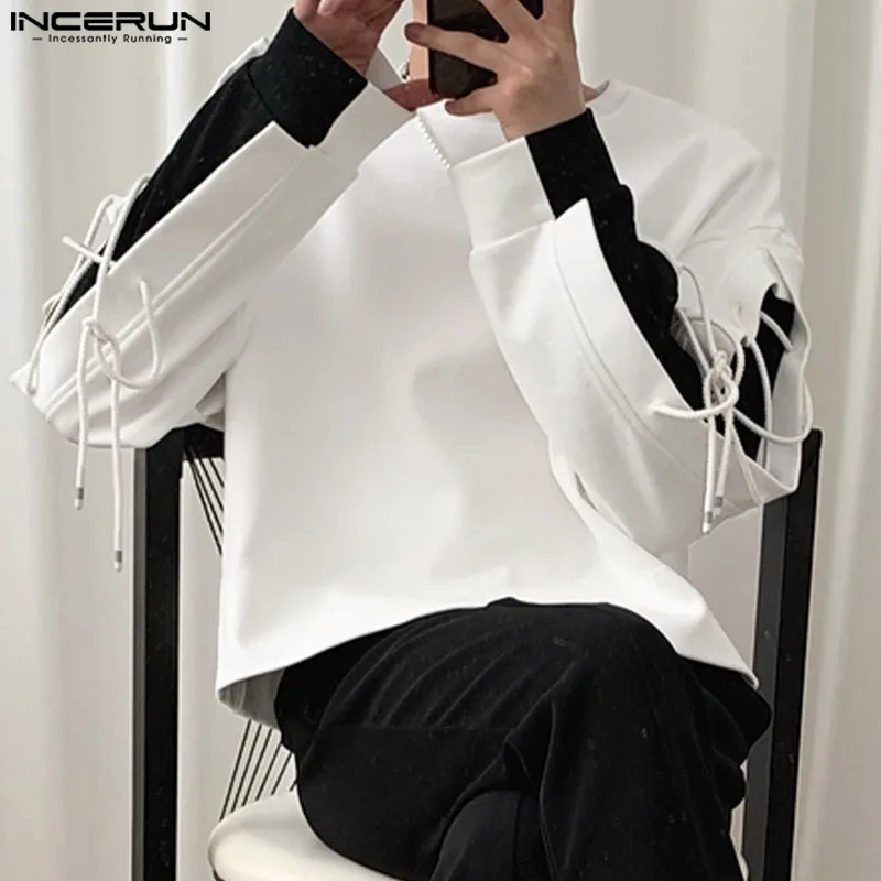 Men T Shirt Patchwork Lace Up O-neck Streetwear Long Sleeve Casual Tee Tops Men Korean 2023 Loose Stylish Men Clothing INCERUN