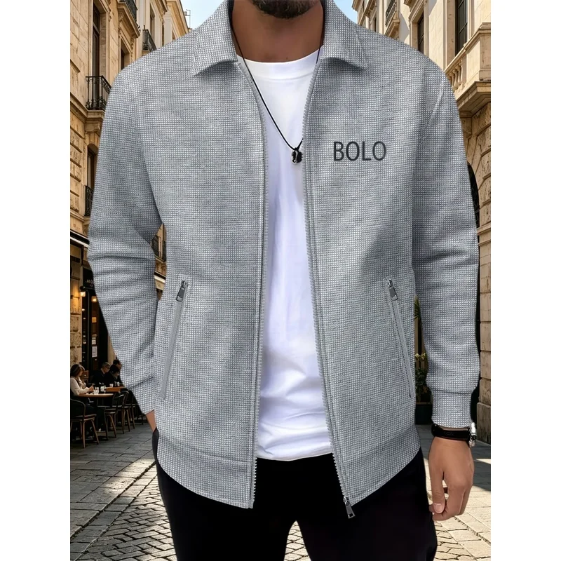 2026 Men's casual lapel zip-up cardigan coat  stylish breathable waffle printed jacket  versatile top for outdoor sports