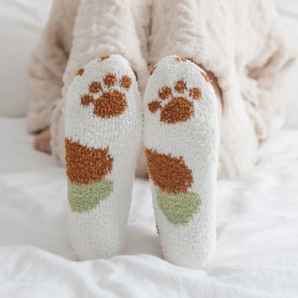 Calcetines elásticos de invierno para dormir en casa, calcetines de lana Coral con dibujos de gato para mujer, calcetines de estilo coreano, calcetines de tubo medio, accesorios de ropa