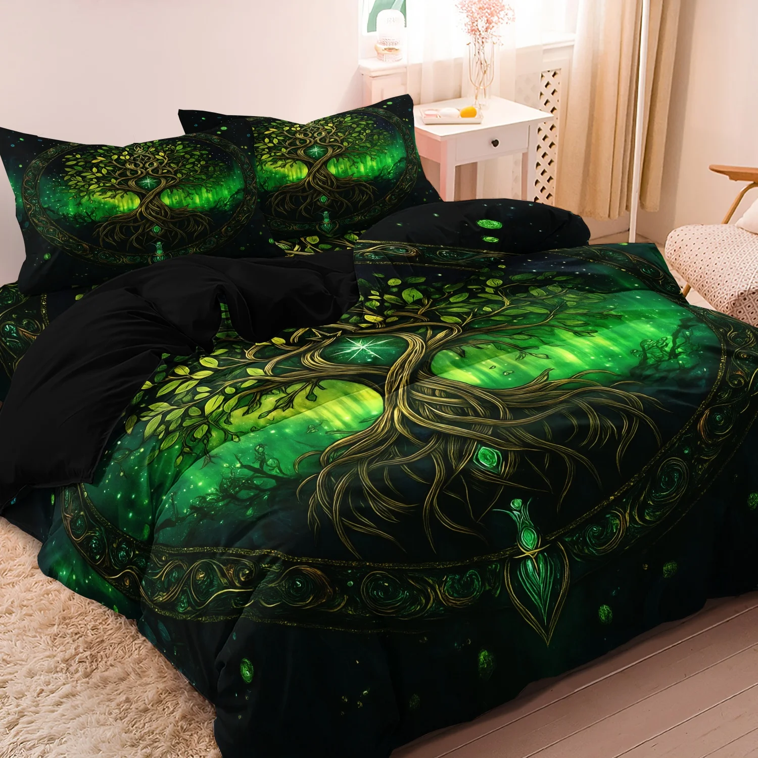 3Pcs Black Tree of Life Print Duvet Cover Set, Sacred Mandala Forest Root Branch Print Bedding, For Family Dormitories Hotels