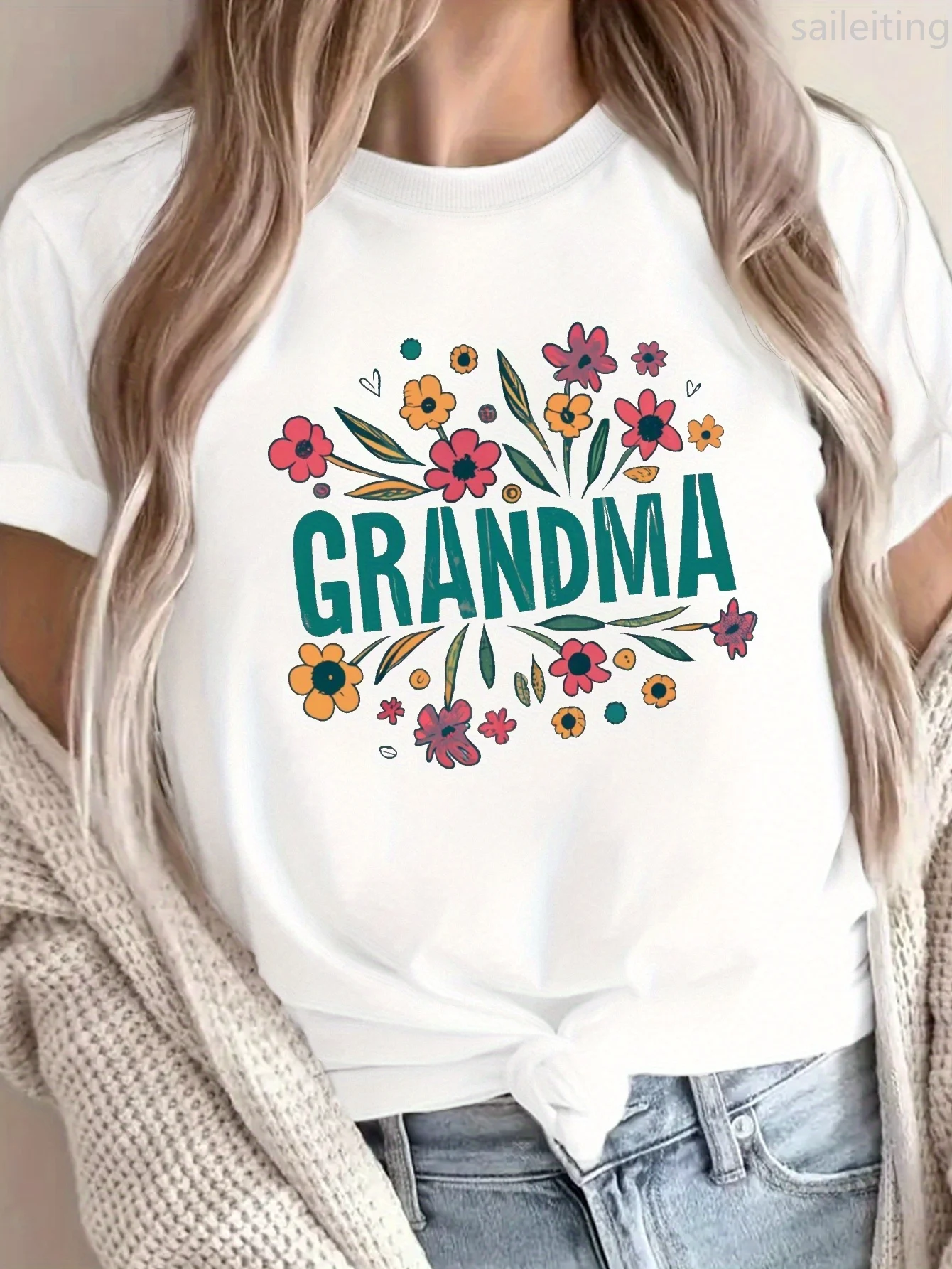 

Модная новая повседневная повседневная женская футболка с короткими рукавами и круглым вырезом с цветочным принтом бабушки, подходящая для всех сезонов