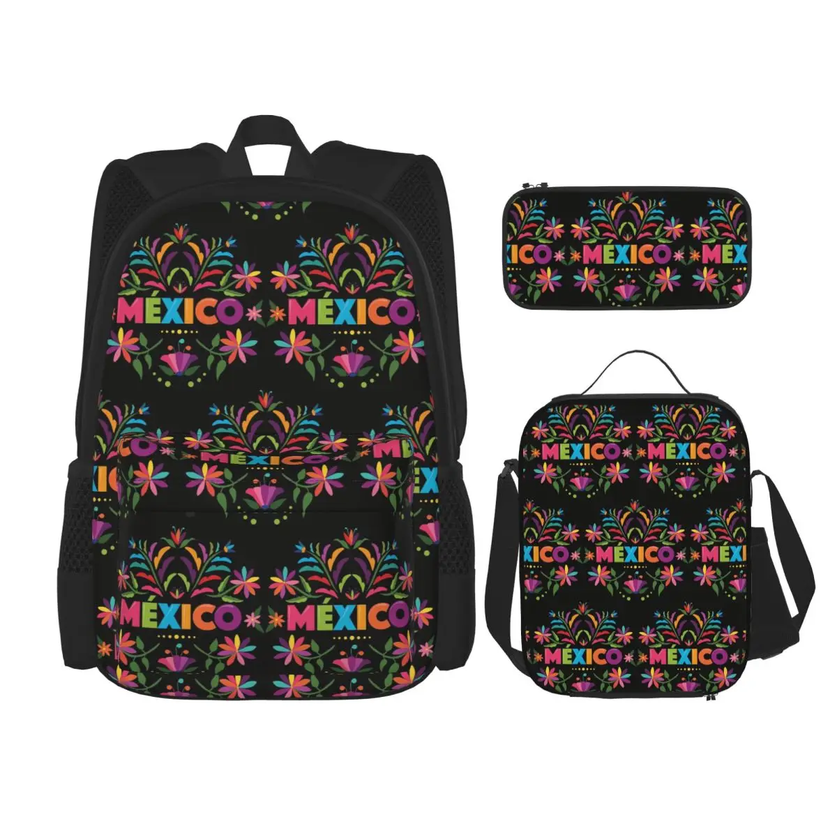 

Colorful Mexican Traditional Pattern Backpacks Boys Girls Bookbag School Bags Rucksack Lunch Bag Pen Bag Three-Piece Set