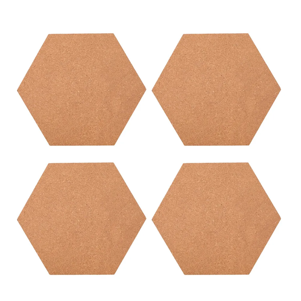4Pcs Hexagon Wooden Photo Board Self-Stick Message Cork Board Wall Organizer for Modern Home Office Decoration Brown