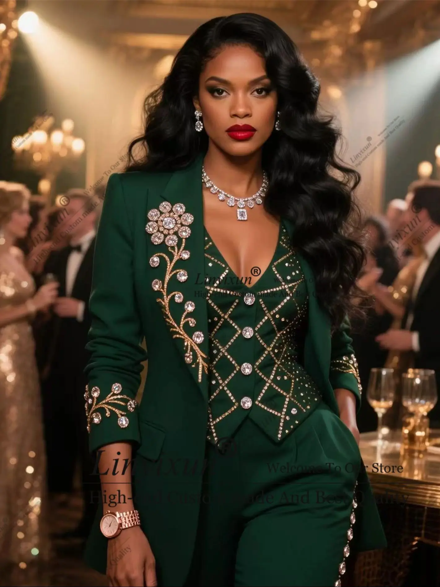 

Elegant diamond suit set Customized Single Breasted Women Pants Suits Banquet Party Tuxedo пиджак женский Slim