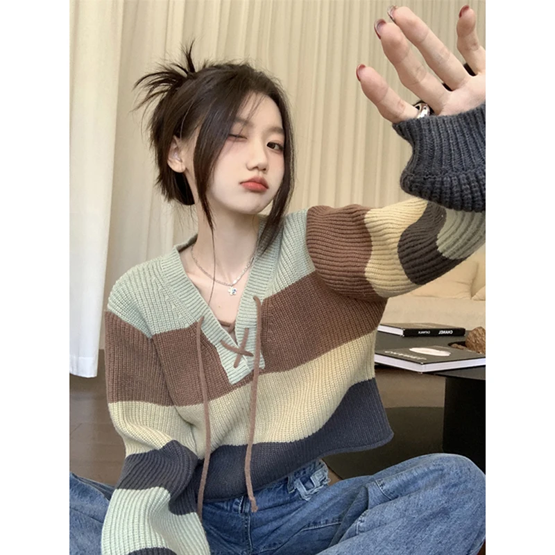 

Pattern Striped Top Knitted for Women Big Lapel Casual and Comfortable Top Autumn Winter Sweaters Comfortable Clothing M186