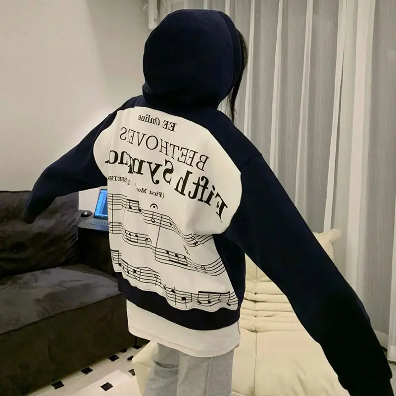 Hooded Jacket Letter Note Contrasting Color American Ins Street Dark Blue Women'S Spring And Autumn Loose Design Jacket