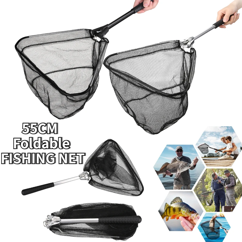 1pc 55cm Fishing Landing Net Collapsible Triangular Fish Nets with Anti-Slip Handle for Kids Adults in Pond River Sea Fish Catch