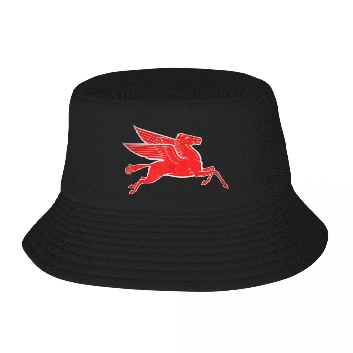 Red Pegasus distressed version facing right. Bucket Hat Hats Anime Golf Hat Male Cap Women's