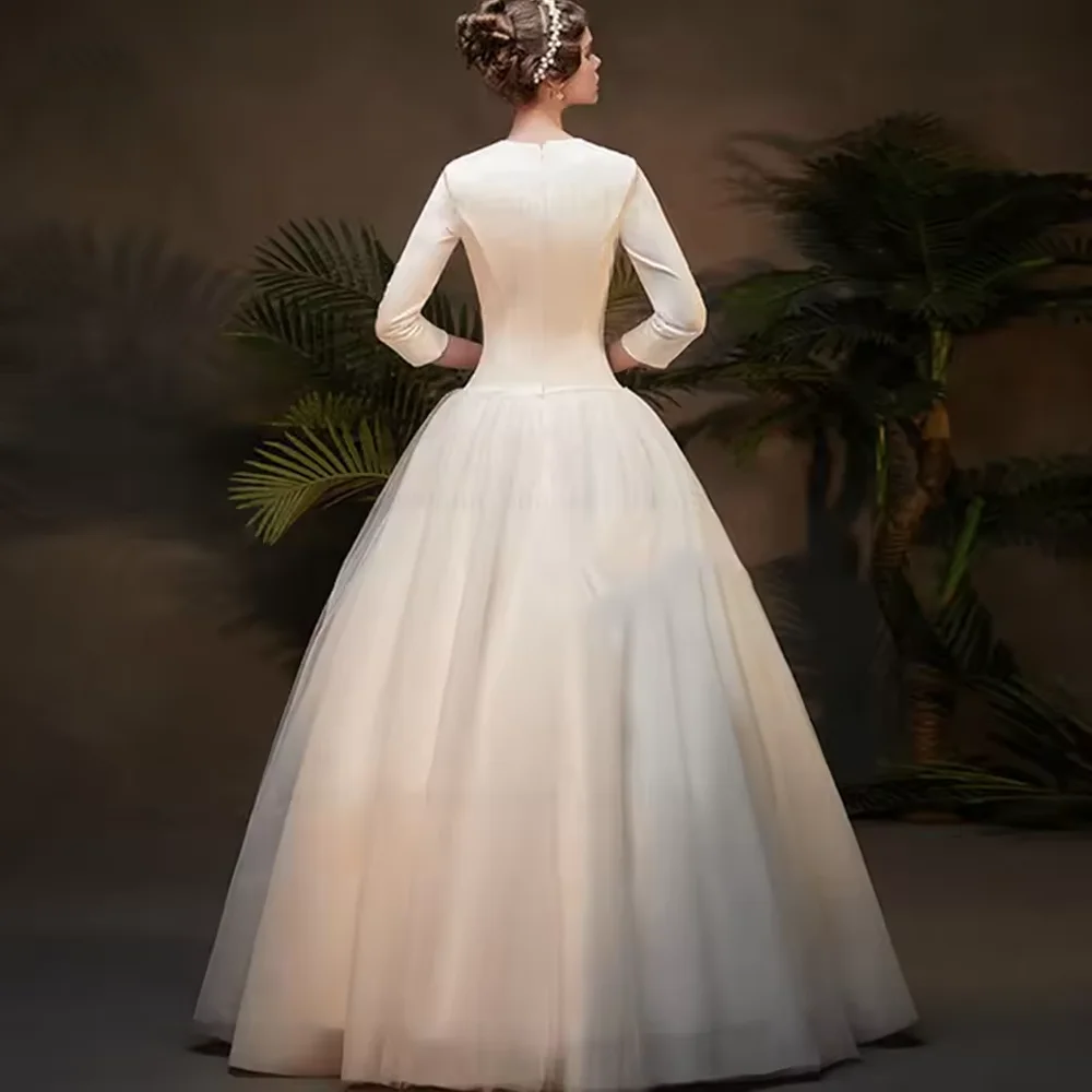 YCJ Muslim High Quality Ivory A-line Wedding Dresses Applique Customized Draped Pleat V-Neck Satin Bride Gown robe de mariée