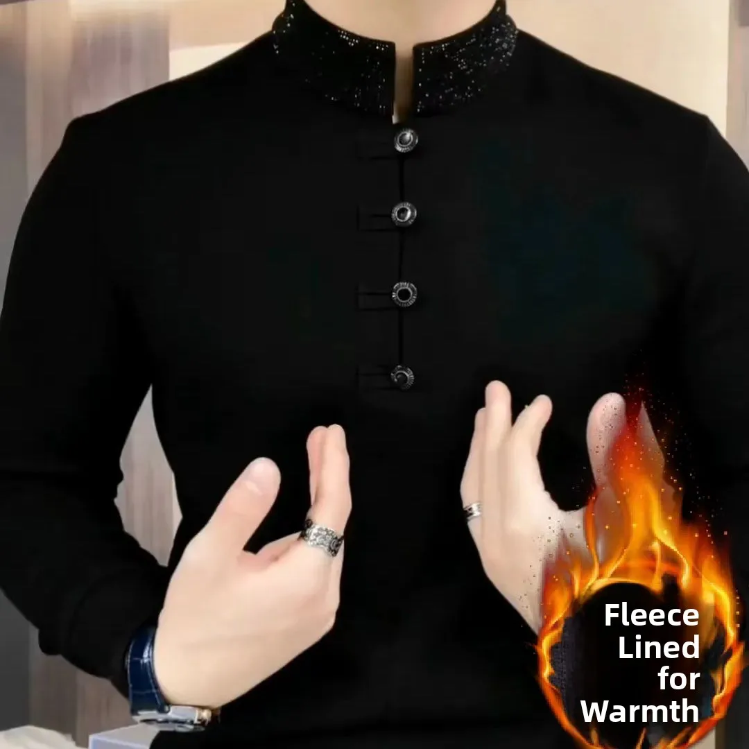 

Early Spring Fashion 2025 Trendy Rhinestone Collar Versatile Turn-down Collar Ethnic Style Slim Fit Luxury Mid-young Men's Shirt