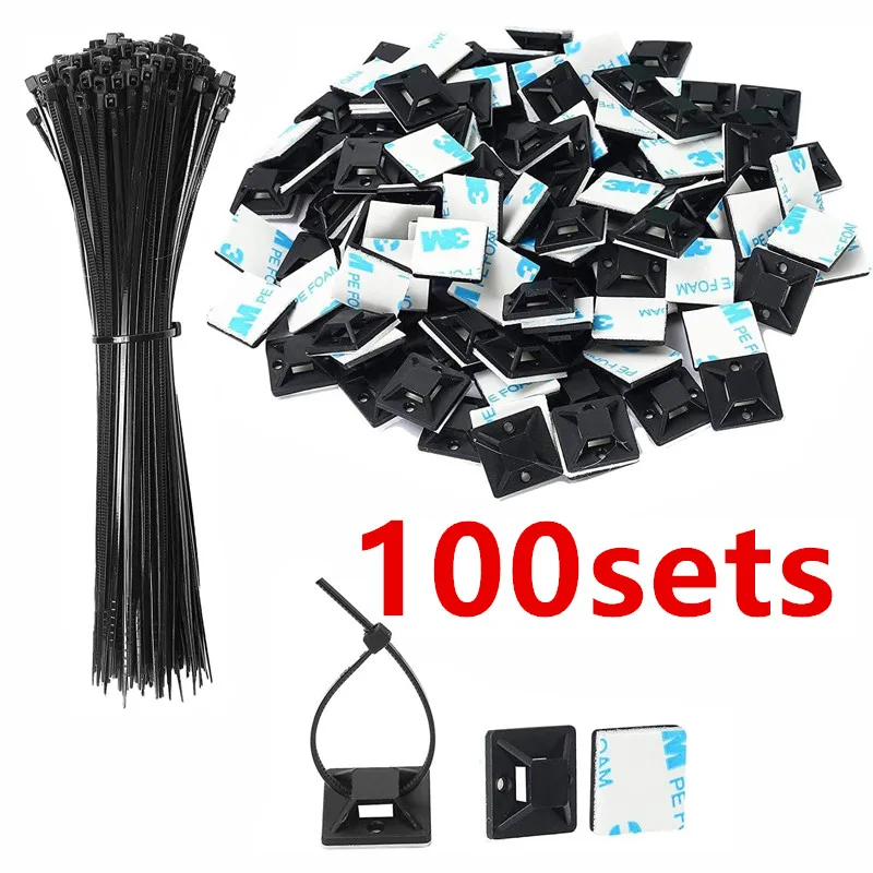 Black 100 sets of self -adhesive fixed seats clip zipper tie installation line wall bracket 2 cm x 2 cm cable tie base