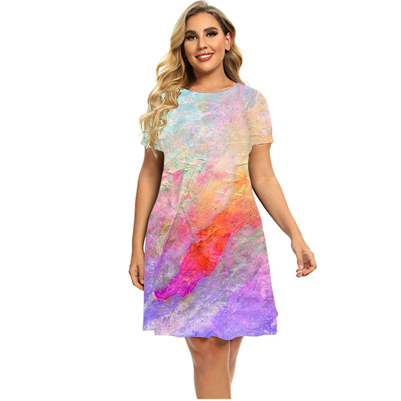 Women Rainbow Speckle Ink Dress Summer Short Sleeve Tie Dye Gradient Loose Dress Oversized O-Neck Ladies Plus Size Dress 5XL 6XL