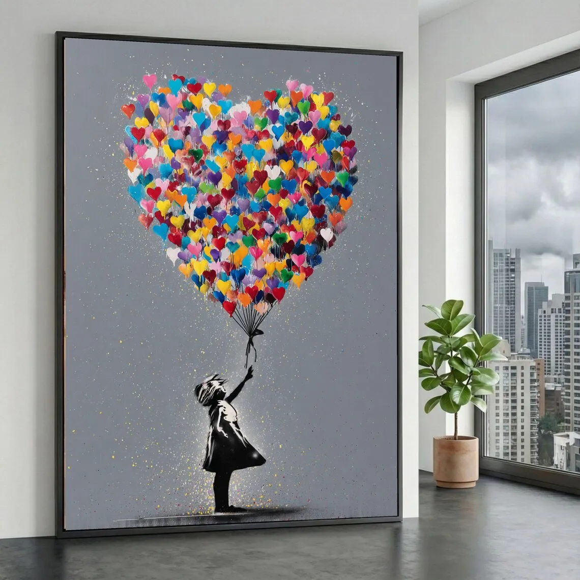 Girl with Heart Balloon Canvas Print, Graffiti Street Art, Colorful Balloon Girl Vibrant Heart-Shaped, Urban Street Art Decor