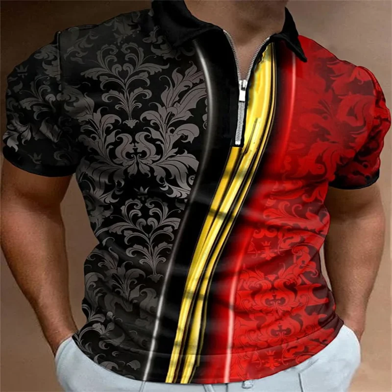 

Black and red color scheme retro mysterious pattern printed short sleeved lapel knit sweater brown wood grain patch printed zipp