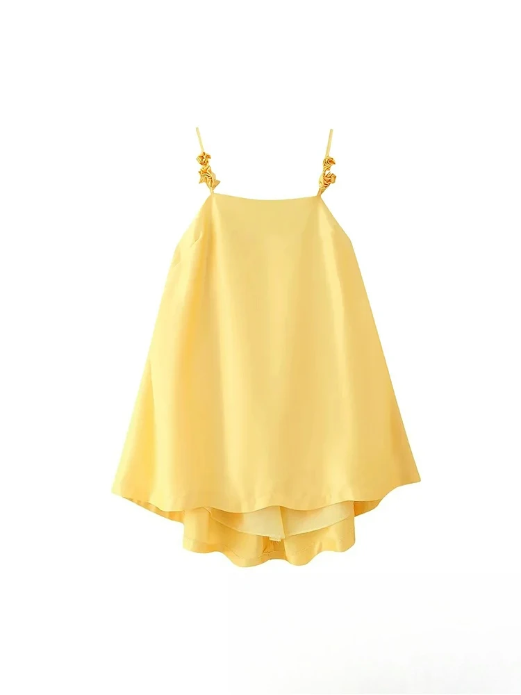 KONDALA Elegante abito sexy in raso da donna Fiore solido senza maniche Backless Cami Mini abito Moda 2025 Abito estivo giallo burro