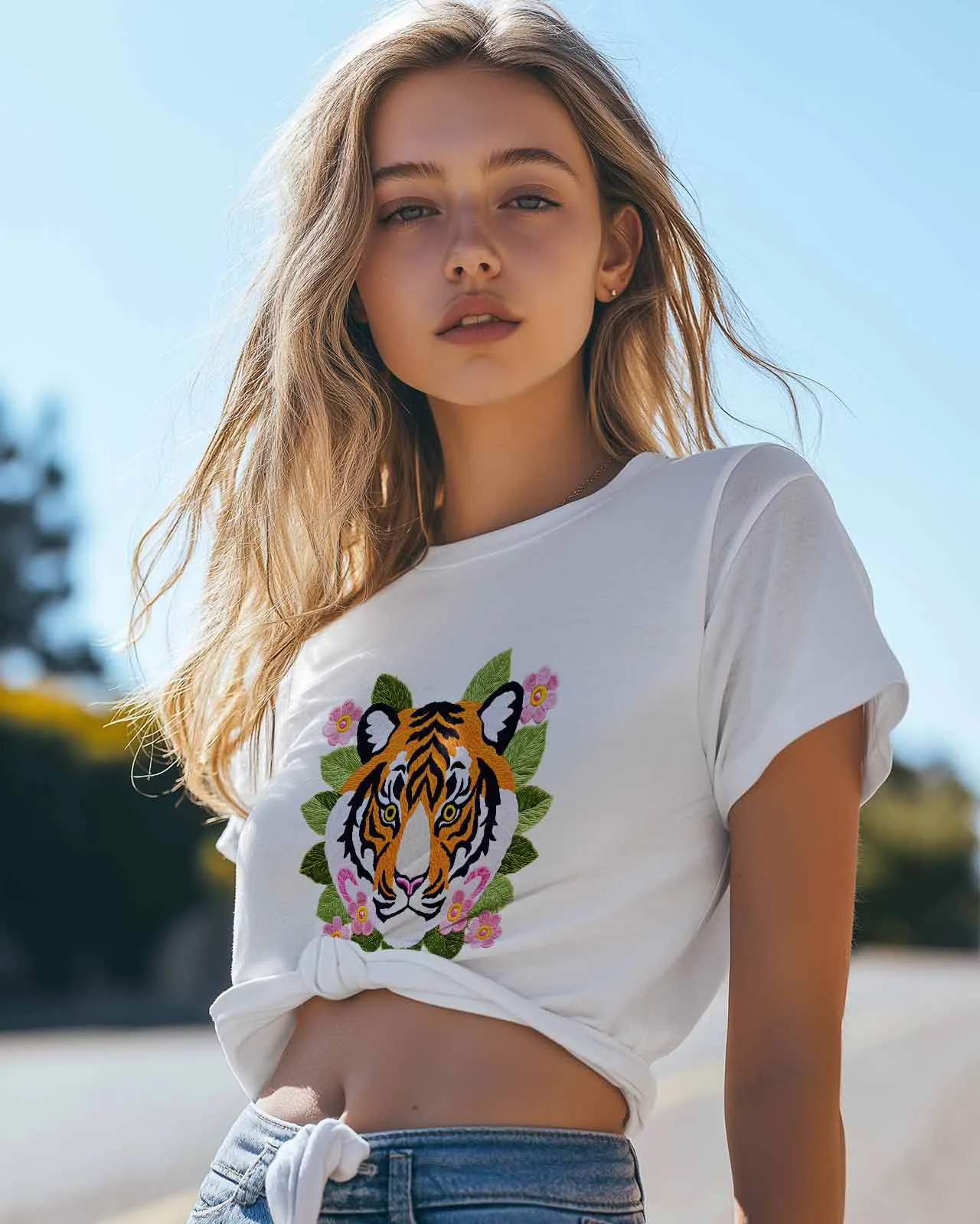 Tiger Flower Cartoon T-Shirt Lover Gift Sweatshirt Fitness T-shirt Short Sleeve O-neck Clothing Tops