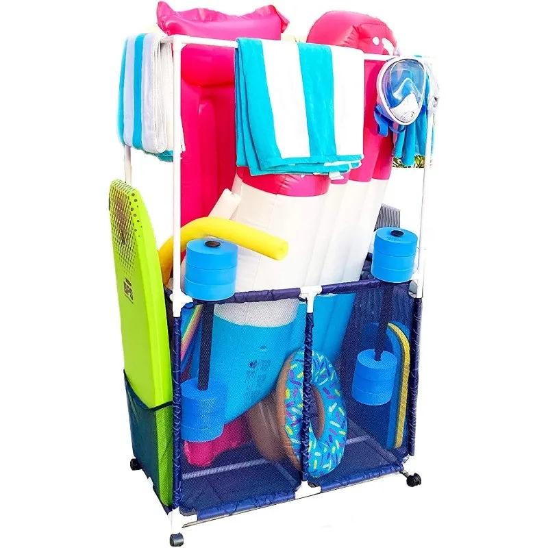 

Pool Equipment Holder with Towel Drying Bars, Mesh Rolling Multi Use Storage Organizer Bin, Large Towel Hanger