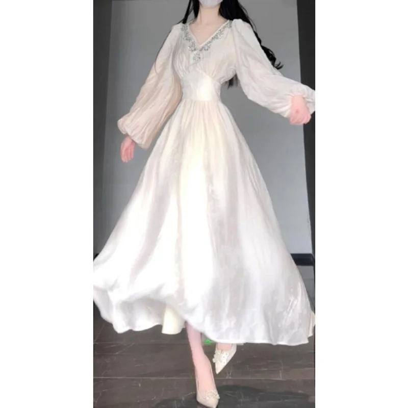 

Elegant Long Sleeve Women's Dress High Waist Pearl Lace Detailing Slimming Detail Autumn Wearable Polyester Fiber Midi Dress