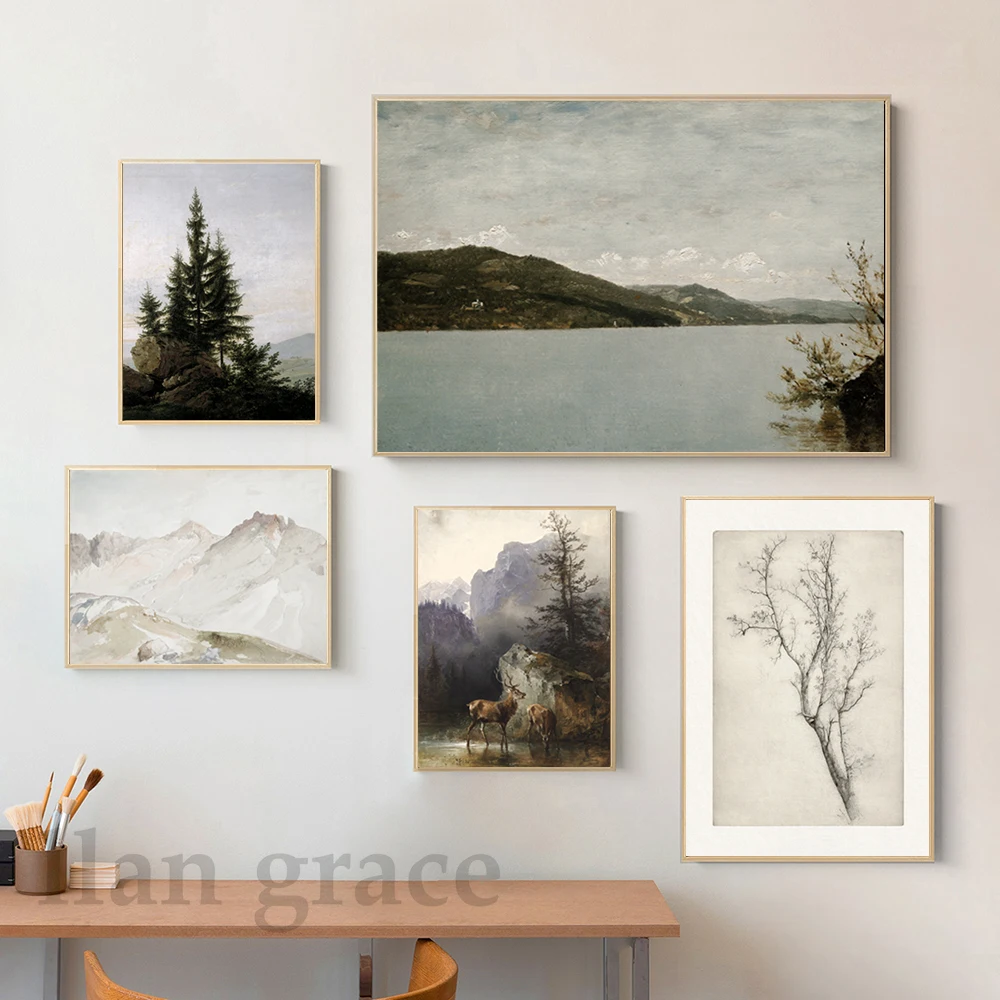 Rustic Mountain Gallery Wall Art Prints Vintage Forest Landscape Oil Painting Canvas Poster Nature Art Pictures Farmhouse Decor