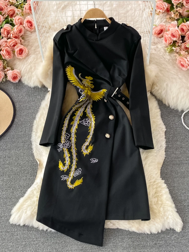 

Women Fashion Elegant Vintage Embroidery Midi Dress Spring Autumn Long Sleeved High Waist Slim Irregular Hem Office Robe