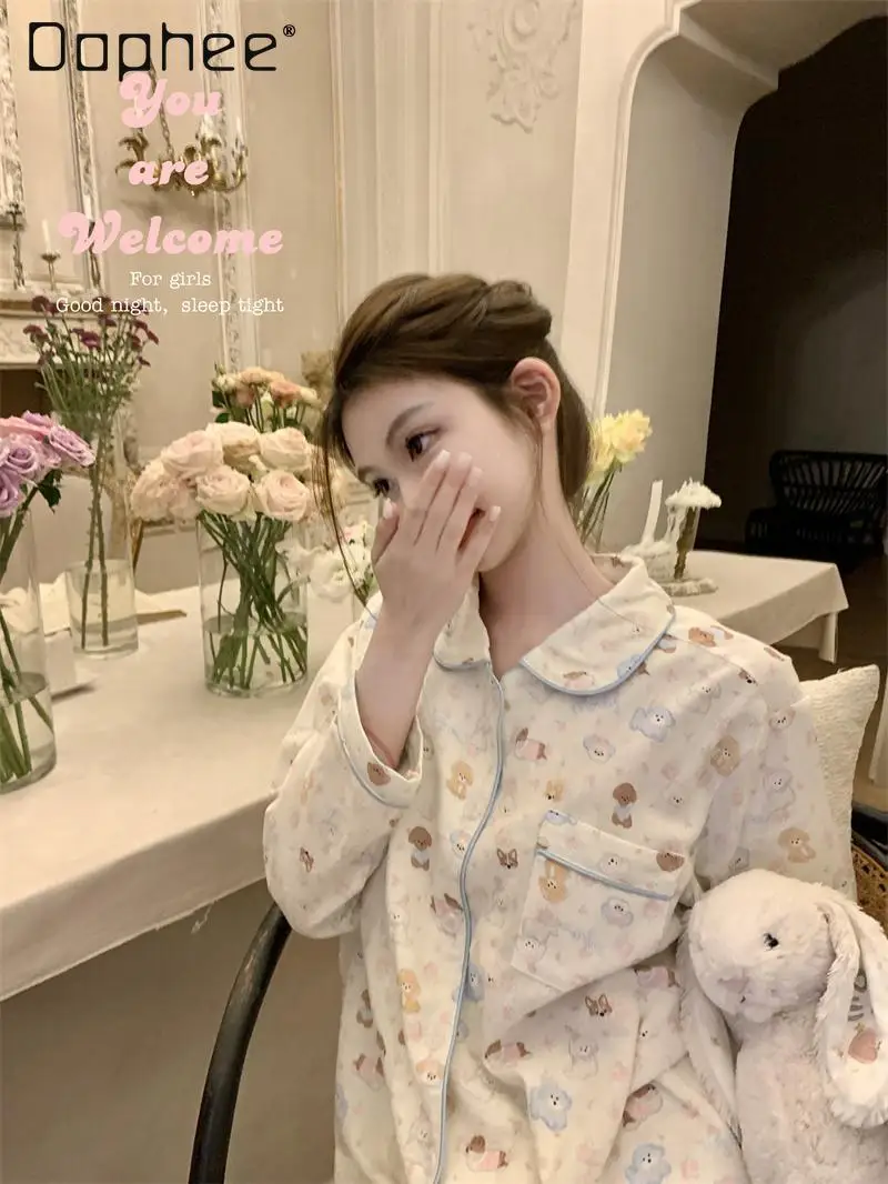 

Women's Cotton Pajamas 2 Piece Sets Cartoon Long Sleeve Lapel Single-breasted Cute Sleepwear Soft 2024 Spring and Autumn