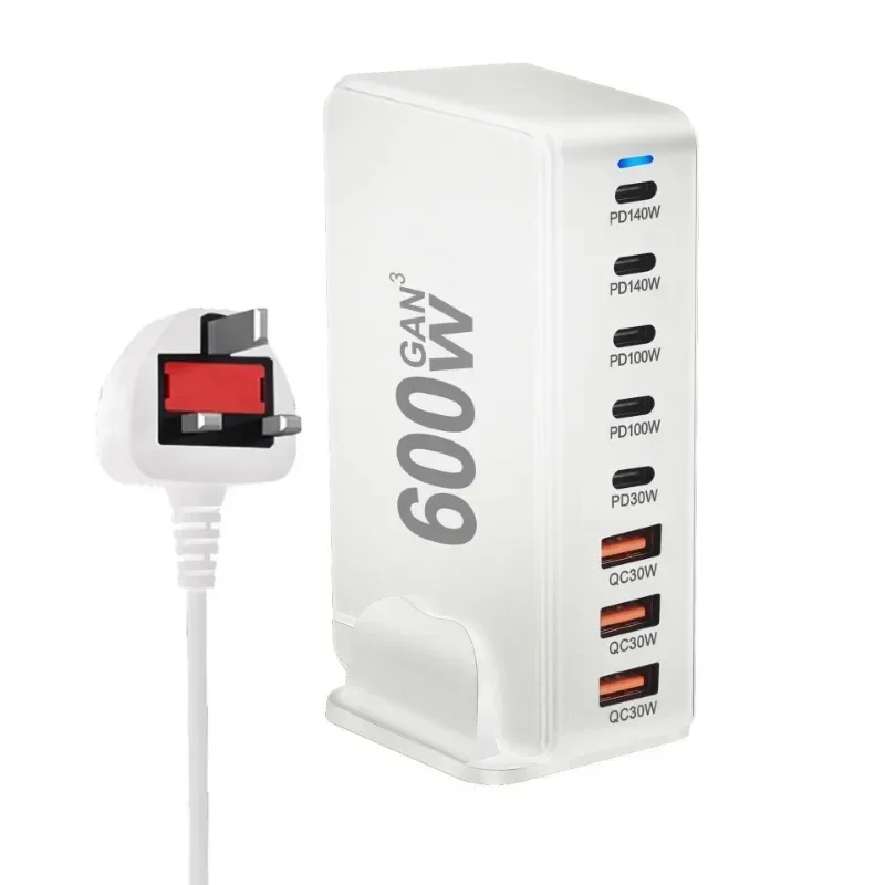 Novo carregador 600W GaN Fast Charge 3.0 USB-C com 8 portas 5C3A PD, portátil e adequado para tablets