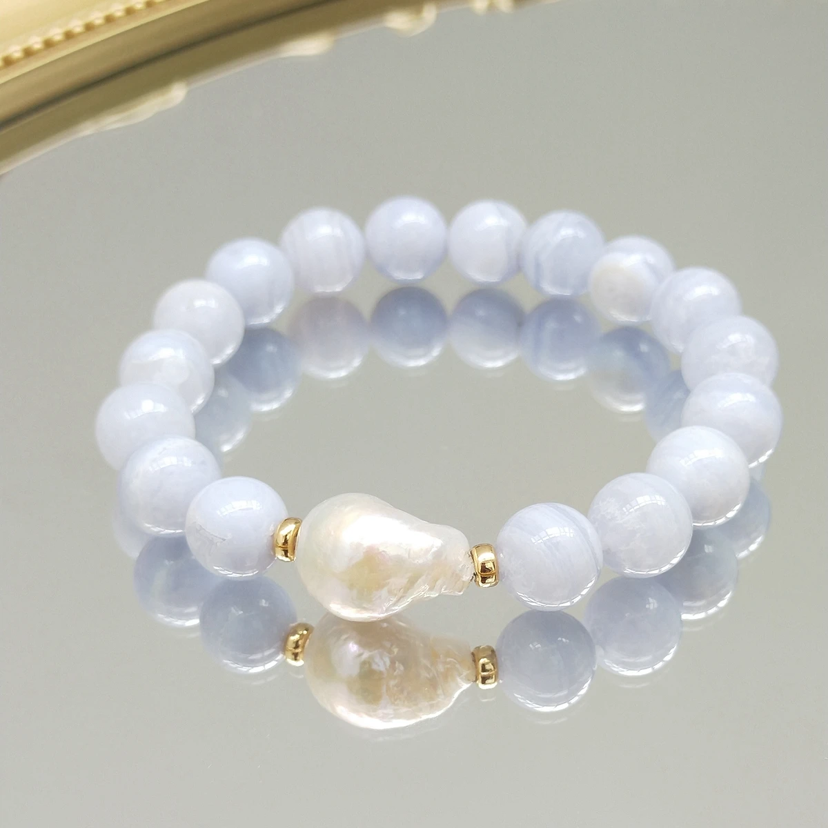 Lii Ji Real Stone Bracelet 17-18cm Blue Lace Agate Baroque Pearl Labradorite 14k Goldfilled Bracelet Women Jewelry