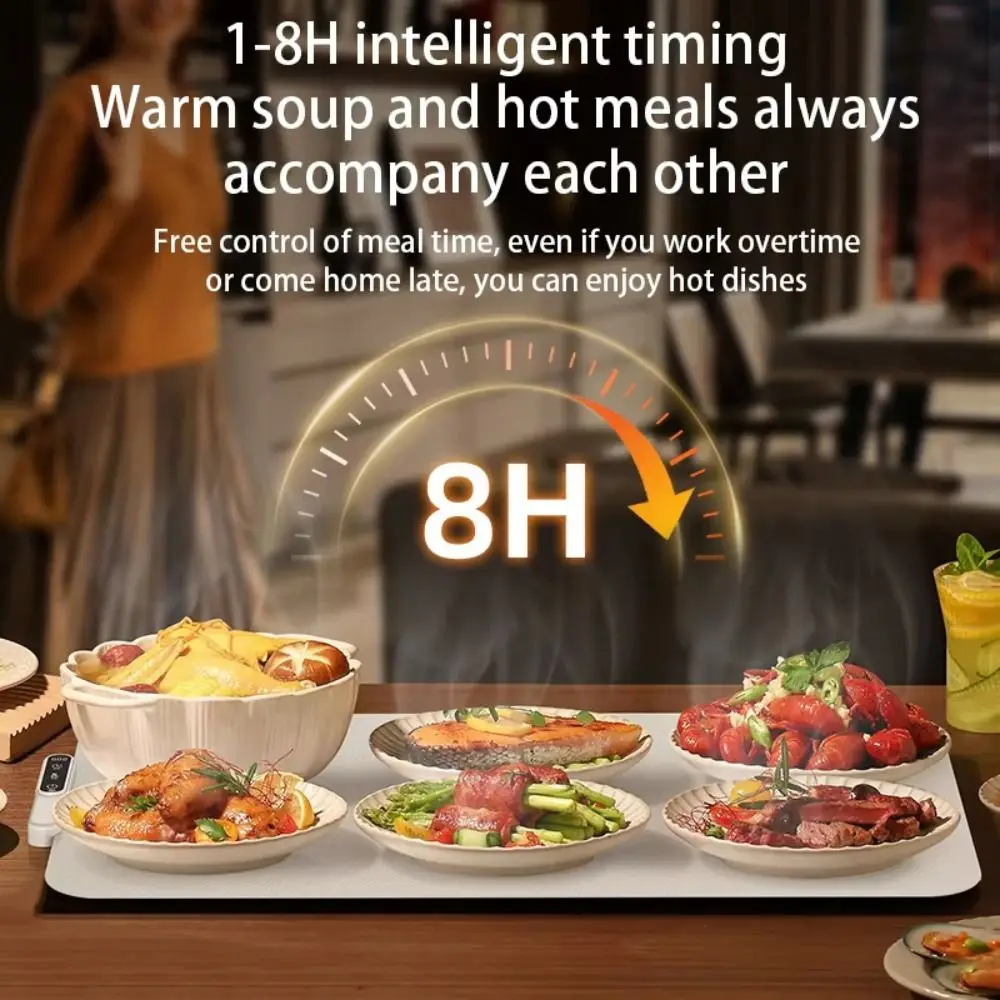 Foldable Food Warmer Pad 8-Level Temperature Adjustment Silicone Meal Cart Insulation Pad Fast Full Surface Heating Safe