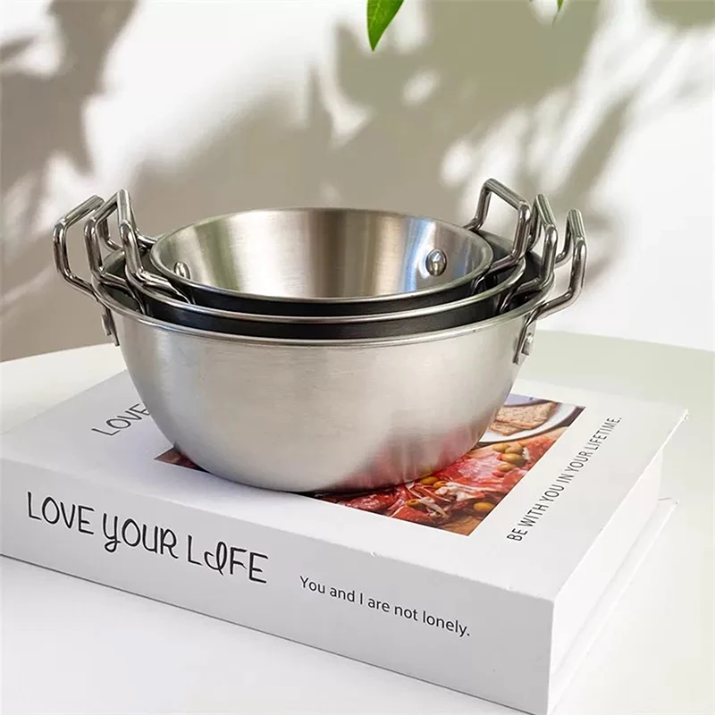 Utensilios de cocina duraderos de acero inoxidable para el hogar, olla de arroz para mariscos con asas, sartén Paella para cocinar en casa