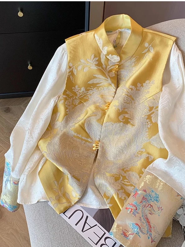New Chinese Style Embroidered Satin Vest Shirt Women's Spring Autumn Improved Tang Costume Two-Piece Set Single Button Closure
