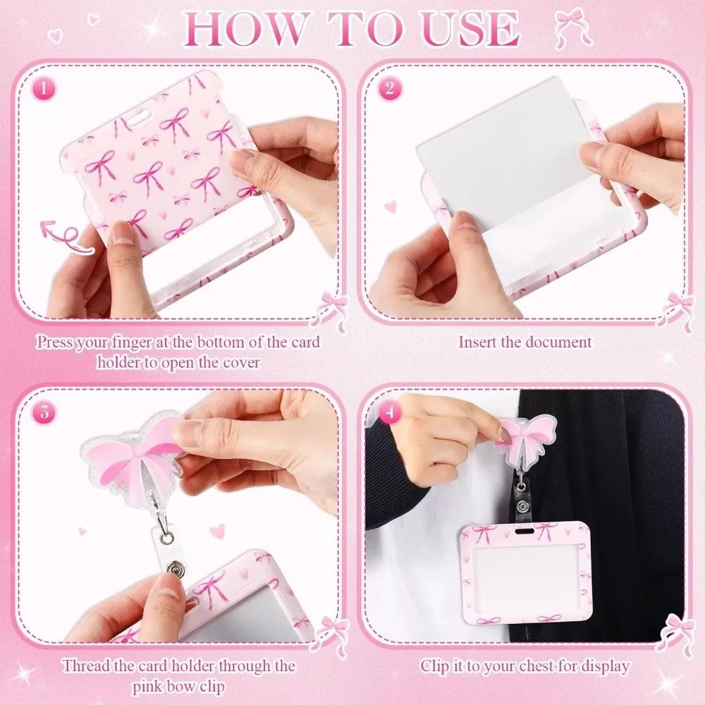 Cute Bow Print ID Badge Holder ABS Retractable Name Tag Holder Horizontal 360° Rotating Card Holder School Office Supplies