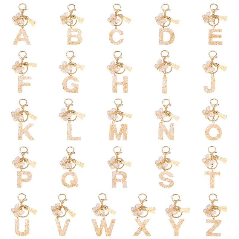 Stylish Metal Resin Letter Keychain Butterfly Tassels Decoration Lightweight Secure Ring For Daily Use C71A