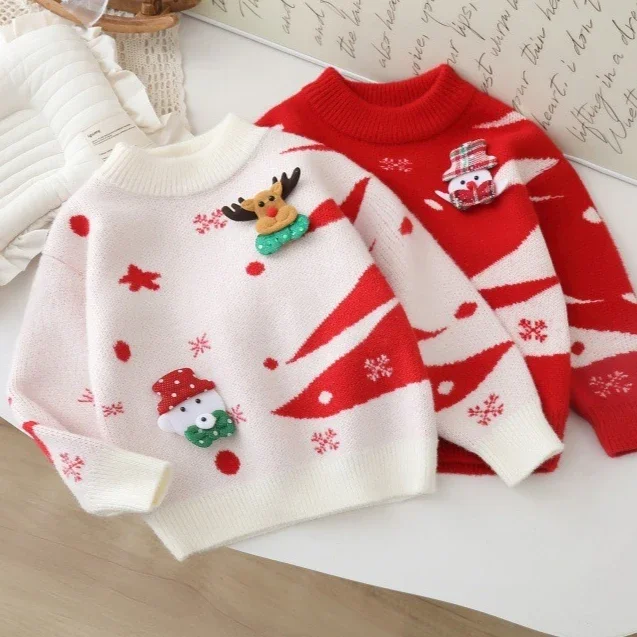 

Girls Sweater 2025 Autumn and Winter New Childrens Clothing Girls Baby Fashion Christmas Red Cartoon Thickened Sweater