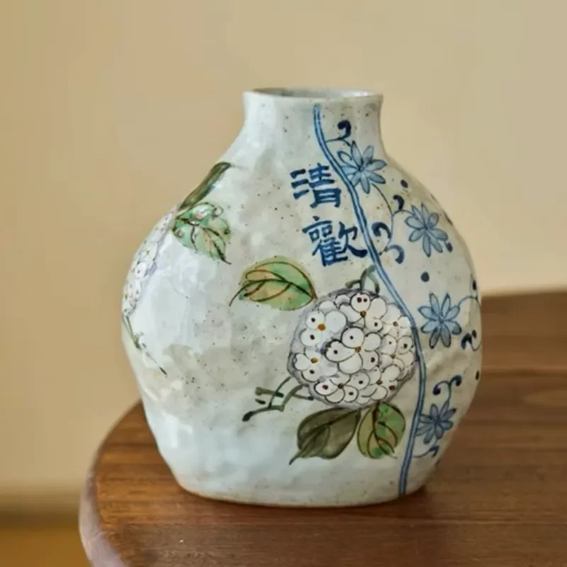 Handmade Blue and White Ceramic Vase Retro Underglaze Porcelain Home Decor Hand Painted Iris Sunflower Hydrangea Pattern High