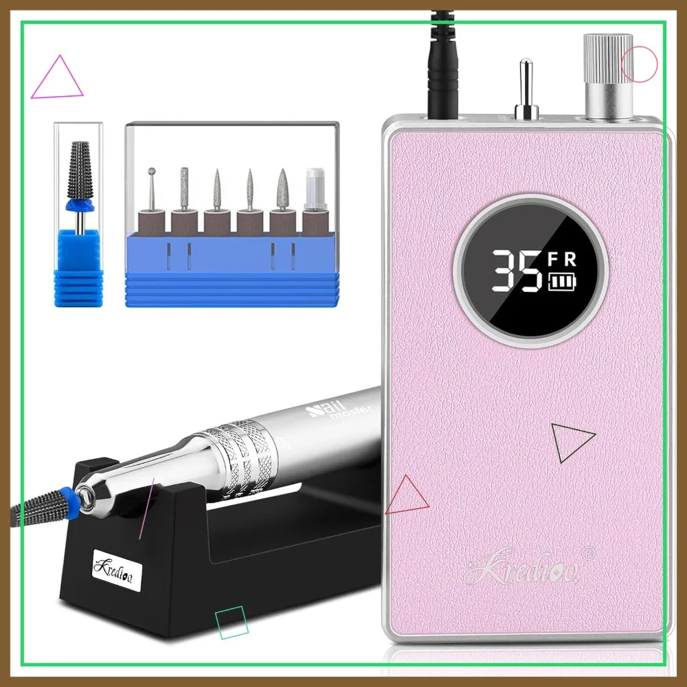 

Профессиональная супертихая машинка для маникюра с бесщеточным мотором 35000 об/мин, набор из 6+1 твердосплавных насадок для снятия акрила и гель-лака - розовая