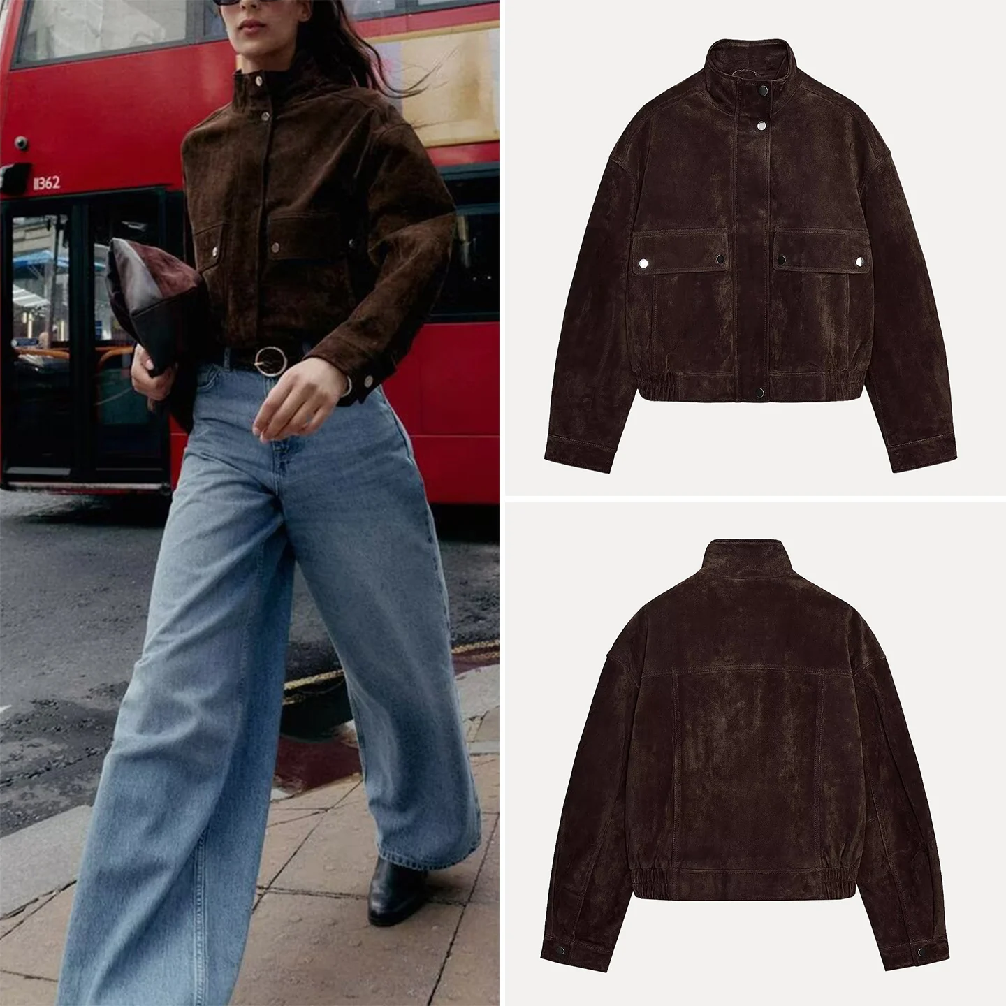 Jaqueta Fena Casual de Camurça Sintética Estilo Piloto com Detalhes de Bolso Outono 2025 Marca Z 30258