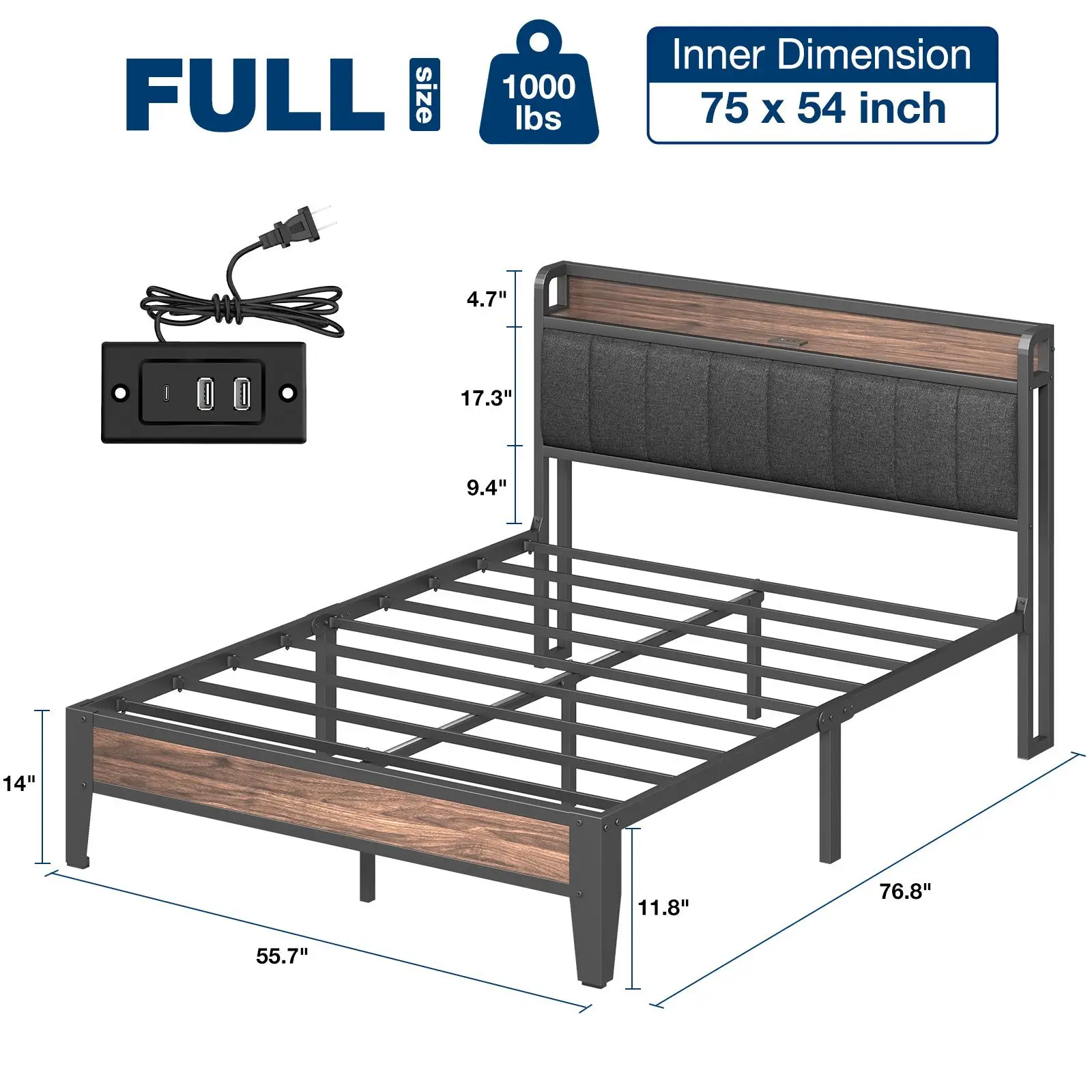 

King size bed frame storage headboard with charging station sturdy and stable noise free bedroom bed Easy to Assemble