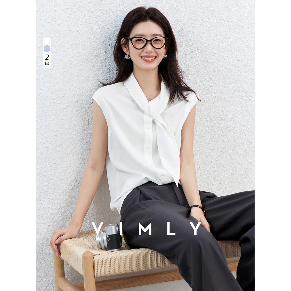 

VIMLY Women's Versatile Sleeveless Blouse 2026 Summer New White Sash Tie Neck Minimalist Casual Straight Office Shirt A5256