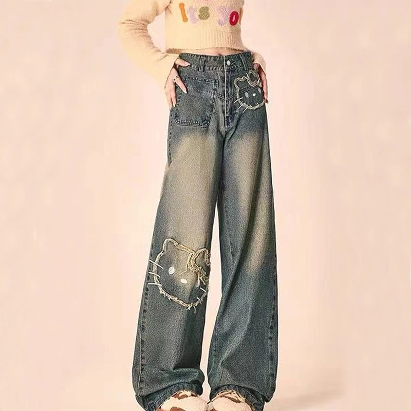 Sanrio Kawaii Hello Kitty Jeans pantaloni Anime Cartoon Cute Girls New Retro Niche Design Versatile Casual pantaloni larghi blu larghi