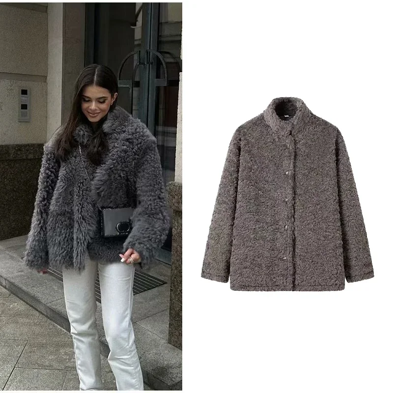 

Fur Woolen Women Jacket Autumn Winter Loose Overcoat Luxury Long Sleeve High Waist Lady Chic Coat Women's Outwear