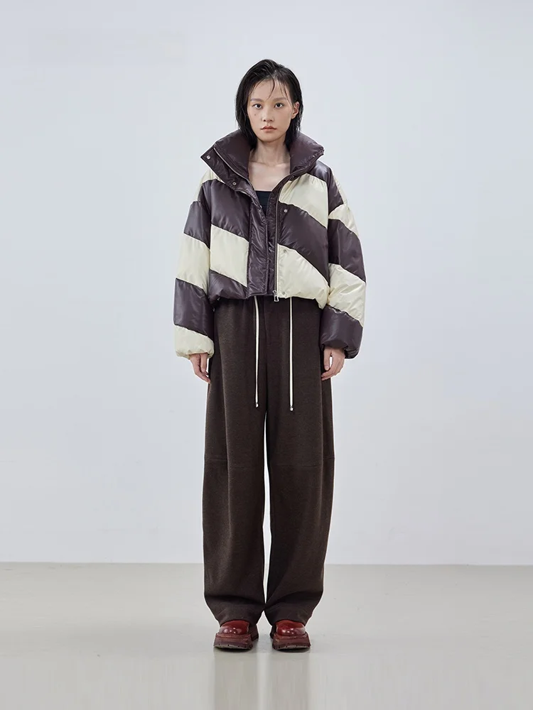 

XMOOM2024 Winter New Sle Bread Dumpling down Jaet Stripe Color Blo Stand Collar Eco Friendly Women's Faion Coat