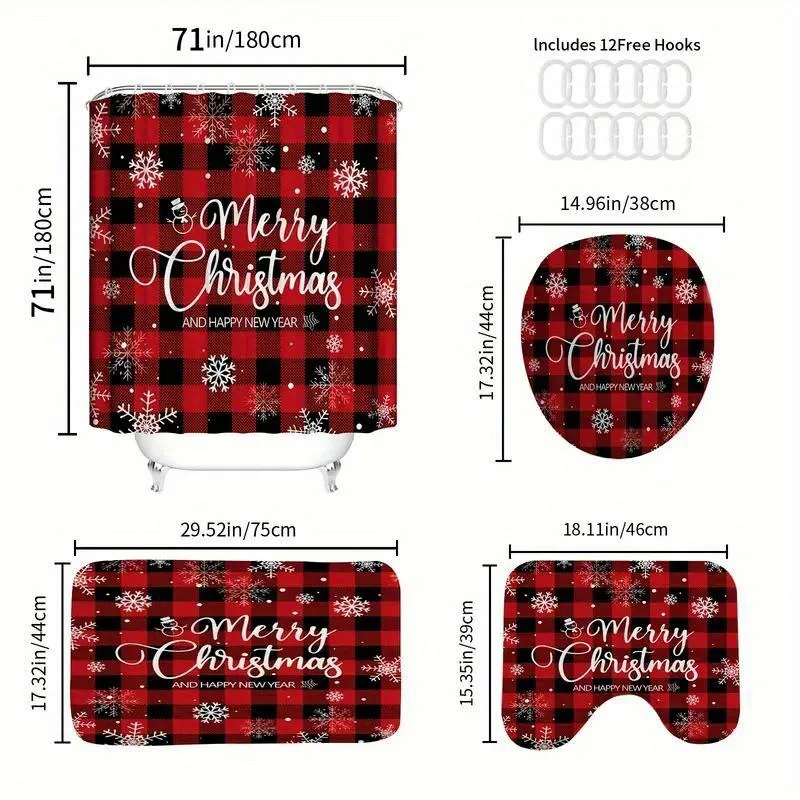 1/3/4pcs Red and Black Plaid Floating Snowflake Shower Curtain Set with Non-slip Carpet, Christmas Bathroom Decoration