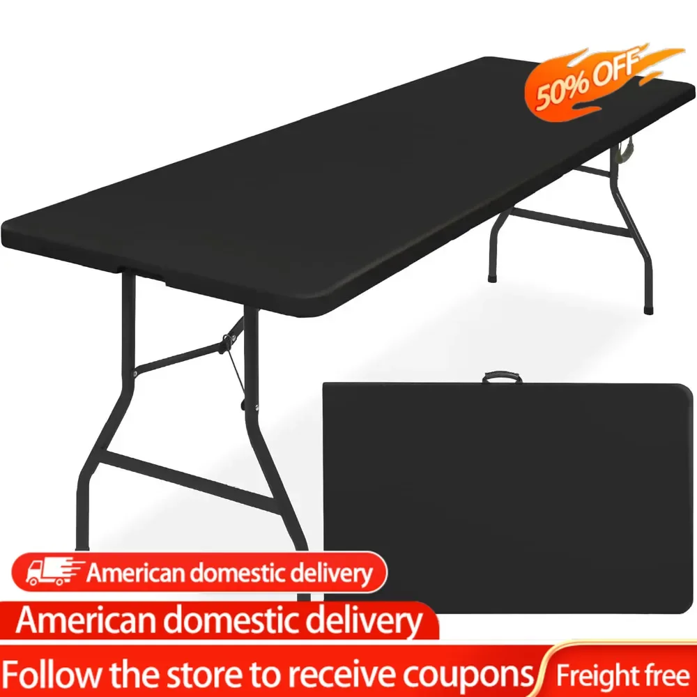 8ft Plastic Folding Table, Indoor Outdoor Heavy Duty Portable w/Handle, Lock for Picnic, Party, Pong, Camping - Black