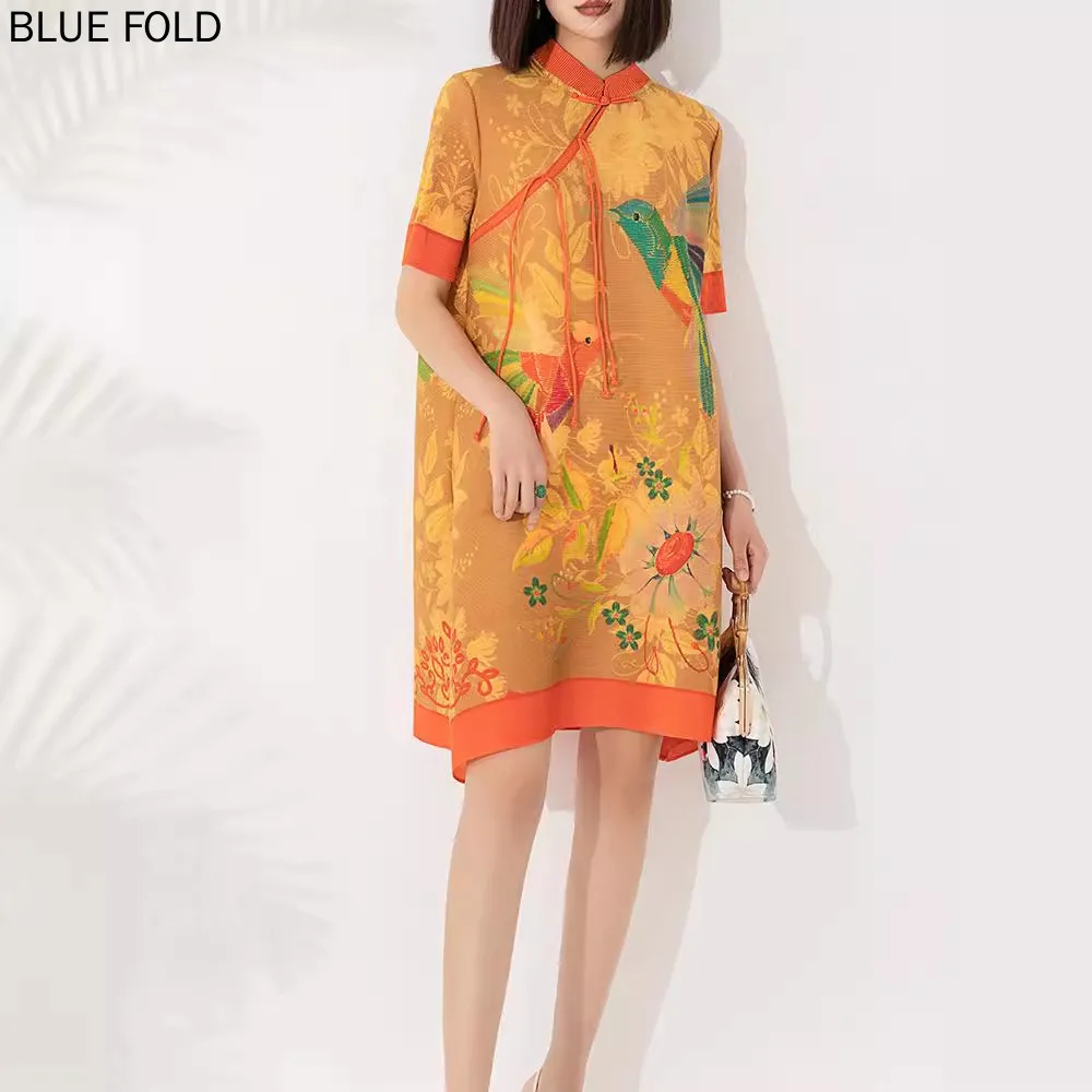 

MIYAKE Summer Women's New Dress Female Retro Print Fashion Chinese Style Improved Cheongsam Style Pleated Mid-length Dress