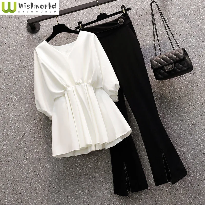 

2022 Spring and Summer New Fashion Leisure Bell Bottoms Waist Closing Top Age Reduction Two Piece Set Women's Suit