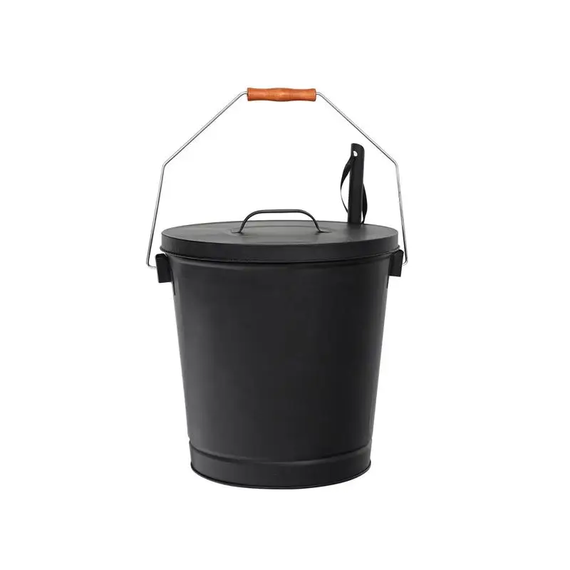 دلو رماد معدني أسود سعة 5 جالون مع غطاء مجرفة ومقبض لحفرة النار وموقد الخشب واستخدام الموقد #4