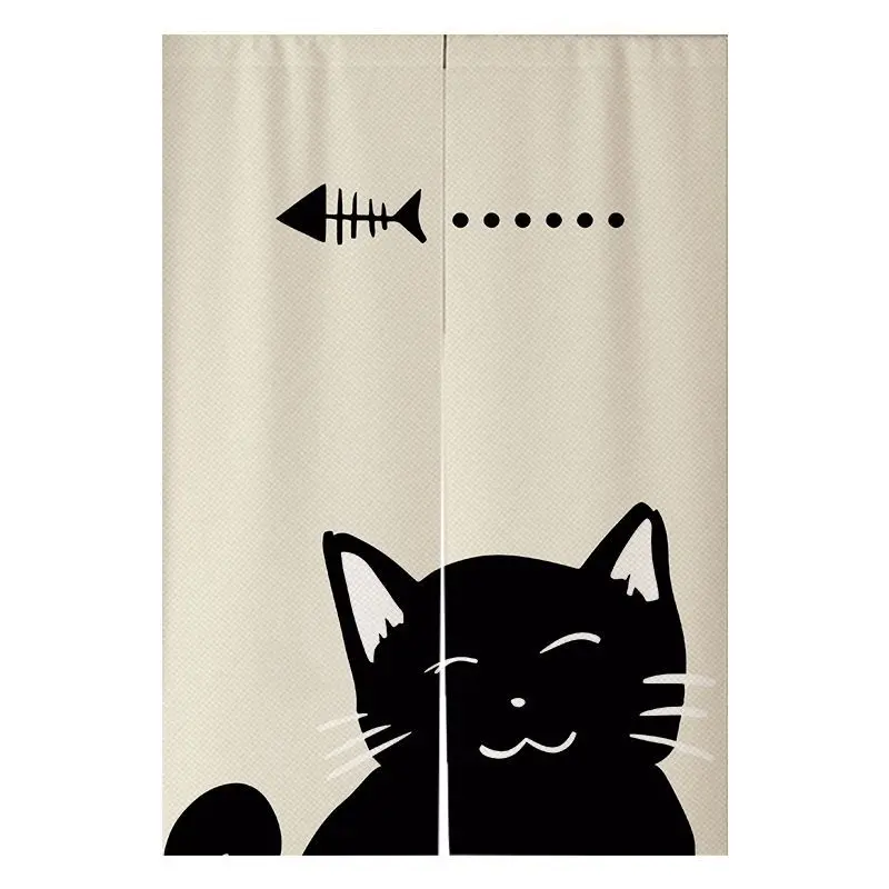 Playful Smile Black Cat Door Curtain Fishbone Simple Pen Cat No Punching Entrance Bedroom Privacy Partition Curtain