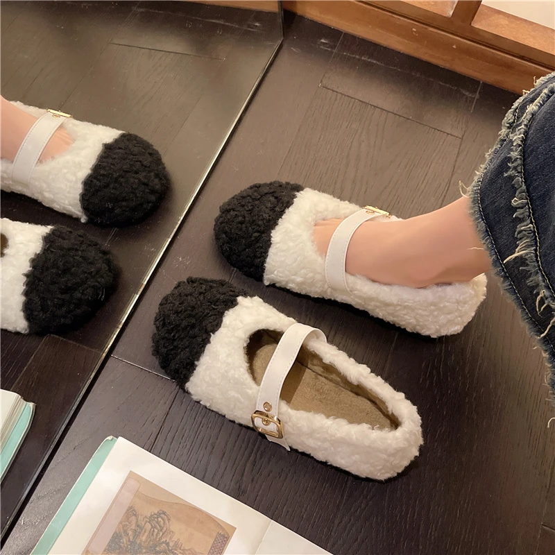 New Style One Line with Cotton Thick Sole Woolen Shoes for Women Winter Wear Matching Color and Velvet Flats Shoes Zapatos Mujer