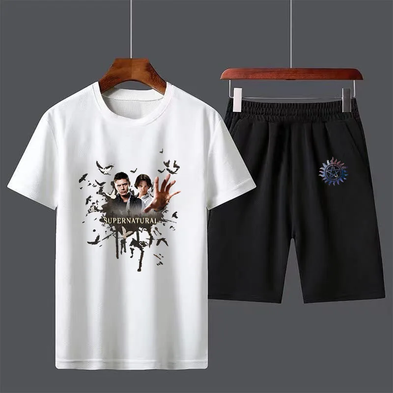 

Supernatural Winchester Bros Sam Dean Cotton Men's T-shirt Shorts Set Casual T shirt Set Boys Harajuku Male Streetwear Tops