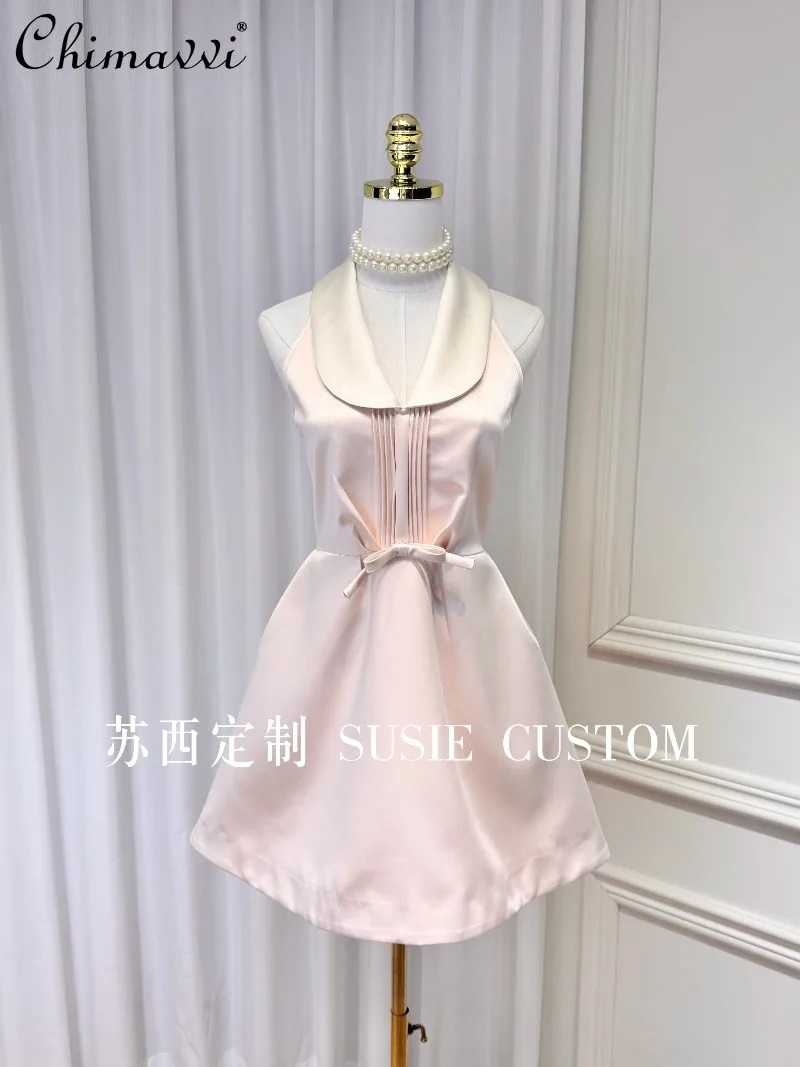 

High-end French Color Block Satin Lapel V-neck Bow A-line Flared Dress Summer New Fashion High-waisted Elegant Birthday Dress